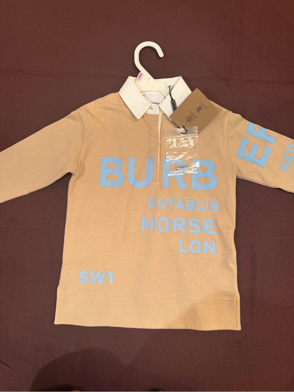 Burberry Kids Tan Button-Down Polo Shirt with Light Blue Logo Print